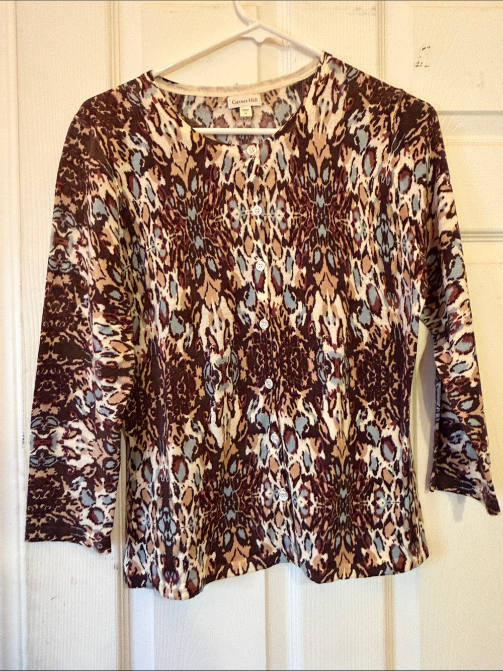 Garnet Hill Brown, Cream & Light Blue Printed Button-Front Top